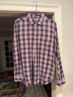 Men's J Crew Navy and Red Plaid Button-Up Shirt